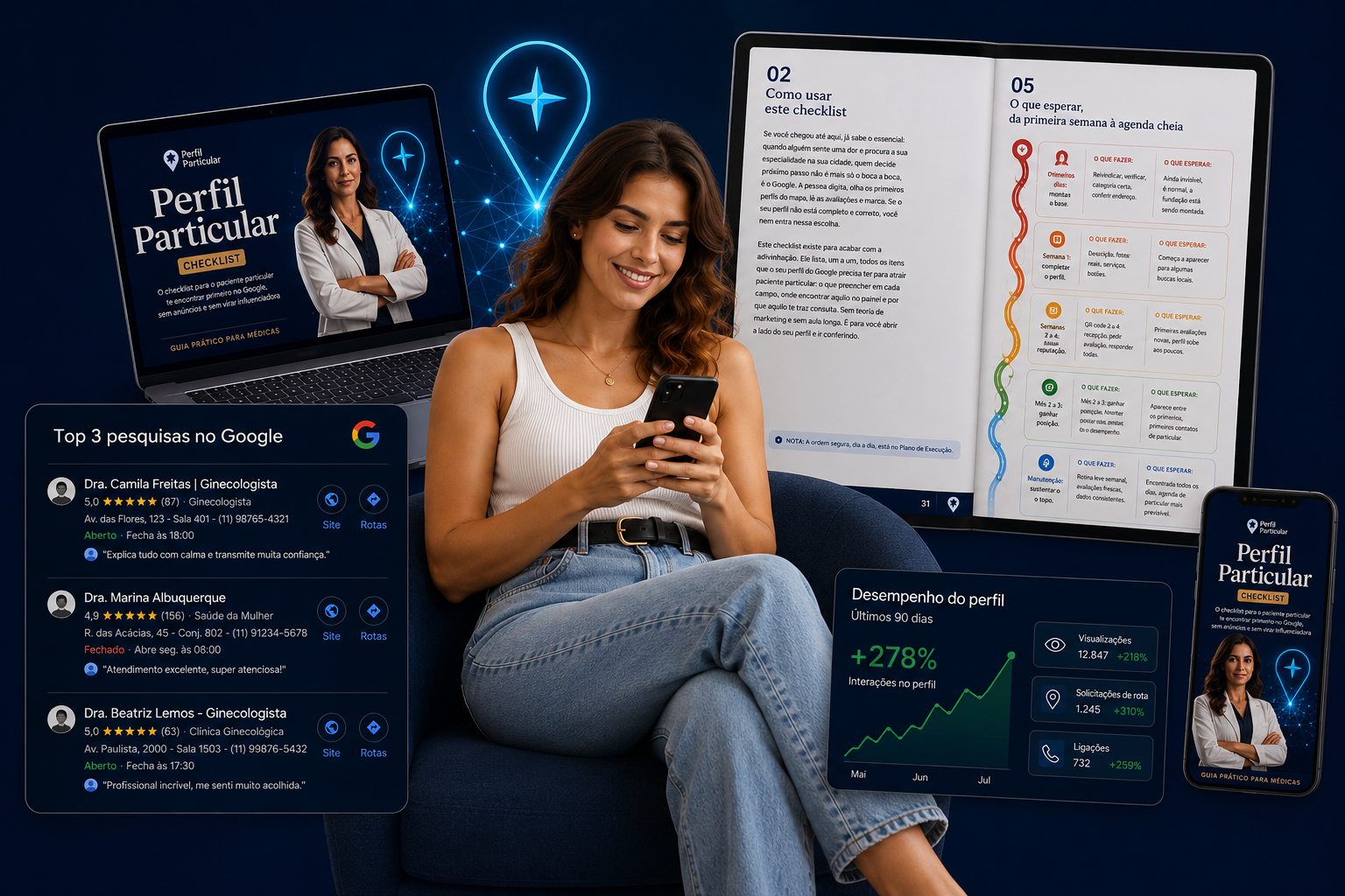 Perfil Particular exibido em laptop, tablet e smartphone