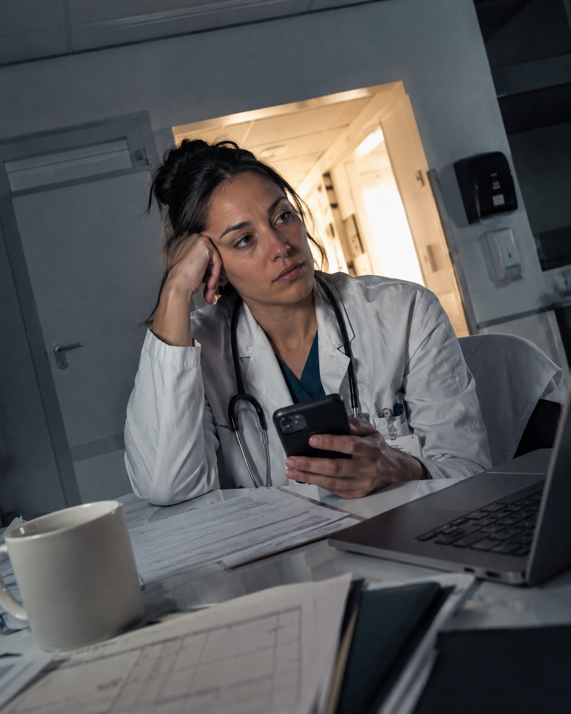 Médica cansada no plantão olhando o celular