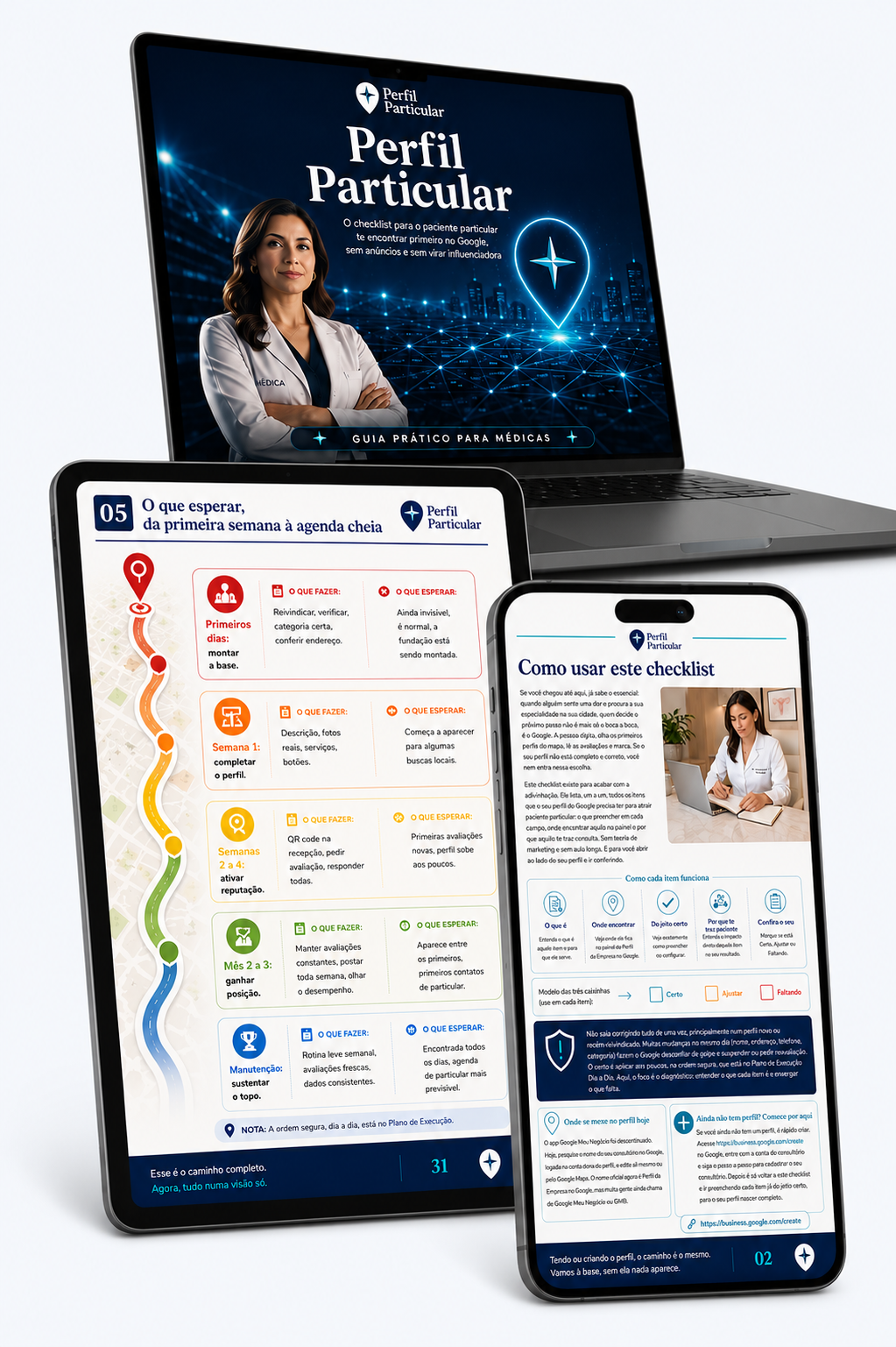 Mockup do Perfil Particular em livro, smartphone e resultados do Google